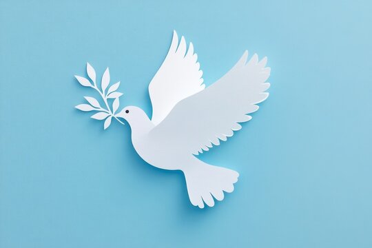Minimalist Dove Paper Cut Design for Peace Day Background with Olive Branch on Pastel Blue