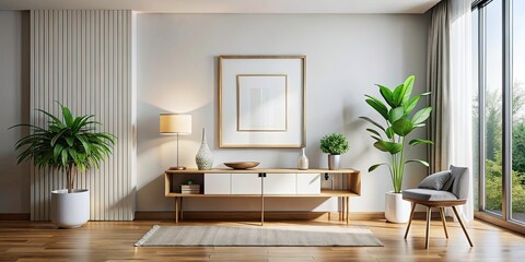 Stylish Mock-Up Frame in Bright Minimalist Home Interior with High Depth of Field, Console and Modern Decor for Interior Design Inspiration