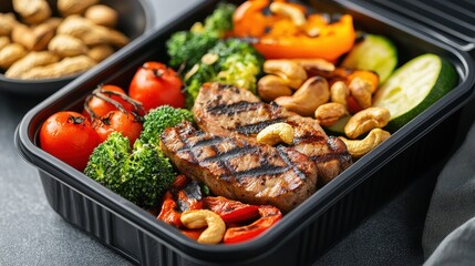 Low carb lunch box with grilled vegetables, meat, and nuts, healthy food, lunch box. 