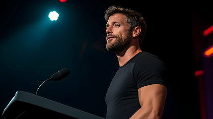 Man Delivering a Powerful Speech at a Conference