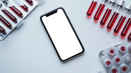 A white-screen phone is lying on a table next to medical blood test tubes. A phone mockup for the presentation of a mobile application. April 17 is World Hemophilia Day