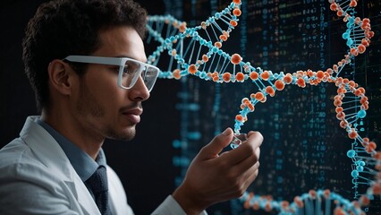 Scientist in a lab coat examines a DNA strand model against a digital display of genetic code.