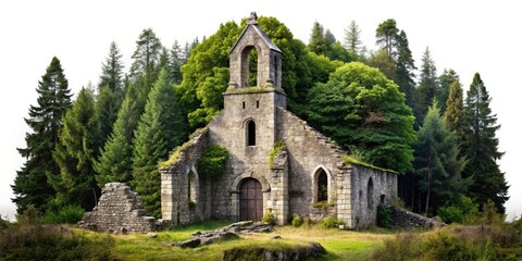 Fototapeta premium Ruined Stone Church Forest Edge Portrait Photography - Gothic Architecture, Mystical Landscape, Nature Photography