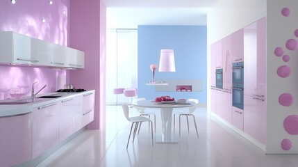 Pink and blue modern kitchen, dining area, interior design, home decor
