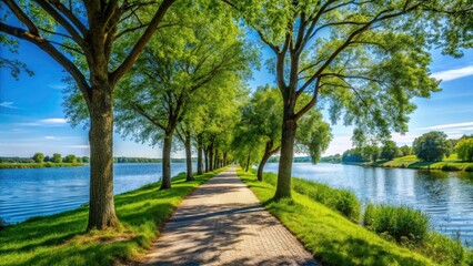 Scenic Riverside Pathway, Blue Sky, Trees - Peaceful Nature Walk Photography