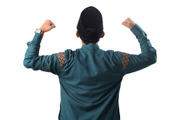 Back view of a confident Asian Muslim man lifting his arms and flexing his muscles in a strong gesture, demonstrating strength and self-assurance, isolated on a clean white background.