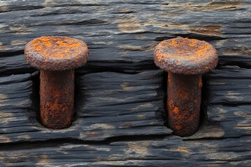 Rusty nail marks on old wood, deep and aged, telling a story of time, wear, and the lasting impact of human craftsmanship