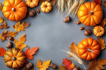 Thanksgiving Celebration with Pumpkins and Autumn Leaves on Soft Gray Background