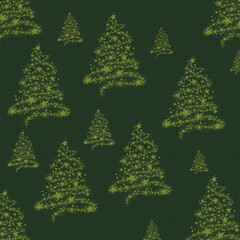 Obraz premium Seamless Christmas pattern with glowing light-green Christmas trees on dark green textured background. Elegant festive design, for holiday packaging, wallpaper, textile, gift wrap, seasonal branding.