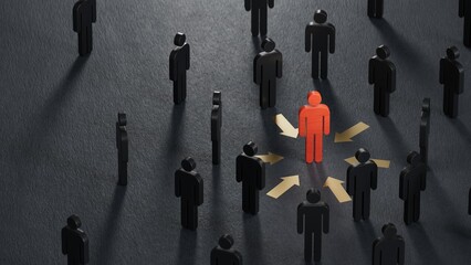 3D illustration of many pawns attracted by a red one. Concept of aura of attraction and charismatic person.3D rendering on black background.