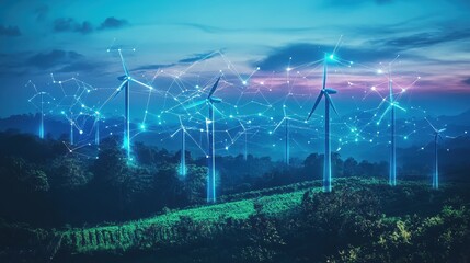 Renewable energy icons in neon glowing lines above a serene natural landscape, digital representation of a sustainable future.