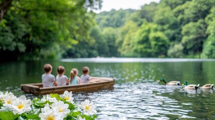 Children boating on a calm lake, surrounded by nature
