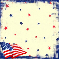 Fototapeta premium Patriotic vintage background with red, white, and blue stars and an American flag on a distressed textured canvas. Perfect for USA holidays, Independence Day designs, poster, branding, Americana theme
