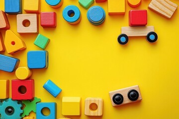 Obraz premium Vibrant Set of Colorful Wooden Toys Cars Trains Building Blocks on Bright Yellow Background