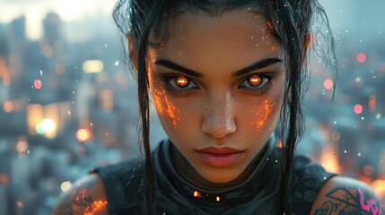 Fiery woman stares intensely at city in ruins