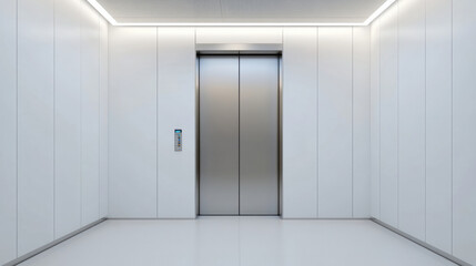 modern elevator interior featuring sleek white walls and stainless steel door, creating clean and minimalist atmosphere
