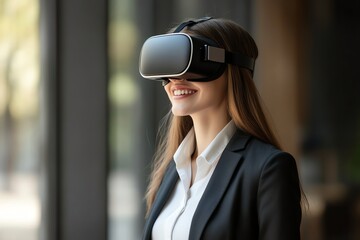 Smiling businesswoman in formal wear is wearing vr helmet