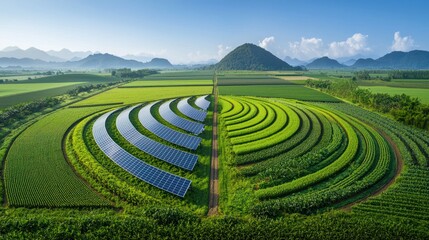 Aerial view of terraced fields with solar panels