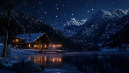 Fototapeta premium Winter night tranquility: Lakeside cabin illuminated beneath a starry mountain expanse