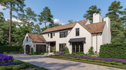 A Large Whitewashed House Surrounded By Green Trees And Flowers