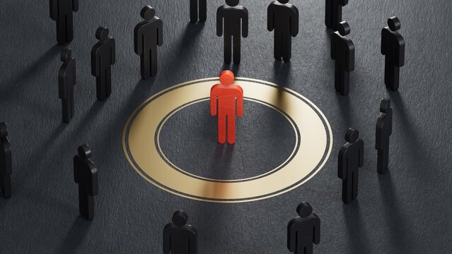 3D illustration of many pawns and a story inside a red speech bubble. Effective storytelling. Brand communication concept.3D rendering on black background.