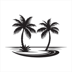 Fototapeta premium Tropical Island with Palm Tree Silhouette and Sunset Vector Illustration