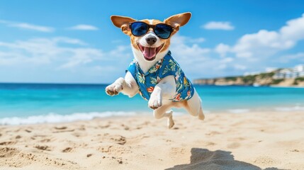Japanese Bobtail jumping gracefully on the warm sands of Ibiza Beach, Spain, wearing a blue Hawaiian shirt.