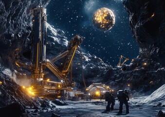 an asteroid mining station in action, complete with miners in their space gear, asteroids being drilled and a stunning cosmic backdrop
