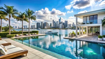 Obraz premium Surreal Miami Luxury Home, Pool, City Skyline, Bayside Beach Boats - AI Art