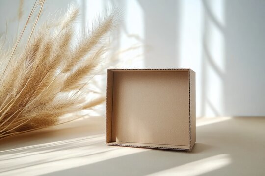 Minimalist Square Cardboard Box Mockup for Jewelry Small Product Presentation with Pampas Grass on Beige Background