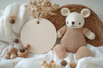 Flat Lay Baby Essentials with Round Wooden Disc Mockup for Pregnancy Announcement and Baby Name Sign