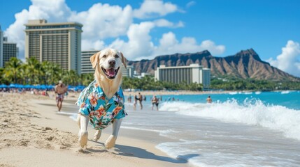Labrador Retriever wearing a floral Hawaiian shirt, running along the shore of Waikiki Beach, Hawaii, with waves crashing behind.