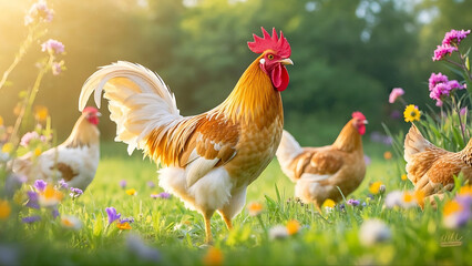 Fototapeta premium Rooster and hens in a sunlit meadow filled with wildflowers.