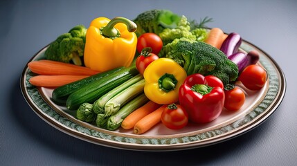 Colorful vegetable medley neatly arranged on a ceramic plate, perfect for healthy eating visuals, recipe blogs, food styling, vegetarian meals, or clean eating content.