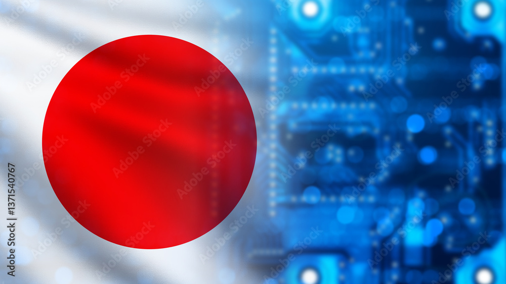 Poster computer microboard with japan flag. microelectronics produced on japanese island. digital microboar