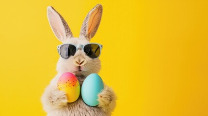 Fototapeta premium Trendy Easter bunny in light blue sunglasses holding colorful eggs against a yellow background. Great for spring promotions, festive ads, and playful seasonal campaigns