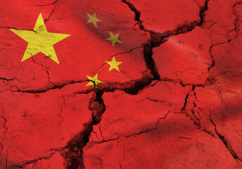 China flag on cracked ground. State Chinese symbol. Banner people Republic of China. Broken...