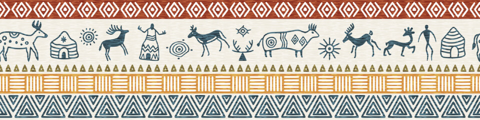 Ethnic seamless border on the theme of rock paintings, petroglyphs and geometric pattern, vector design, banner