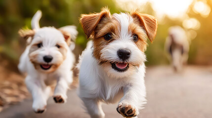 Joyful Puppies Running in the Golden Hour Sunlight