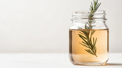 Rosemary Infused Water in Clear Mason Jar on White Background