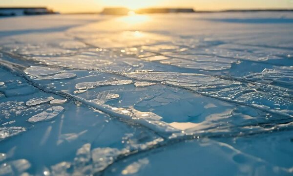 Close-up view from a drone to the ground covered with ice at the morning