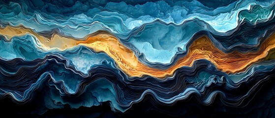 Obraz premium Abstract Layered Landscape with Blue and Gold Tones, Modern Artistic Visual Representation, Creative Background with Wavy Textures.