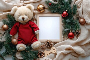 Christmas baby announcement mockup flat lay with teddy bear red onesie wooden teether and Christmas decorations