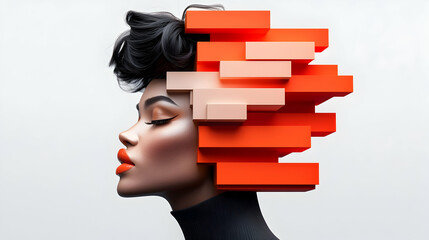Profile Portrait of a Woman with Abstract Geometric Orange Blocks Hairstyle