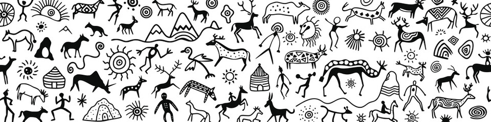 Seamless petroglyph border, rock paintings, isolated on white background, vector design