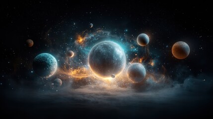 Celestial bodies cluster, nebula glows, planets shine