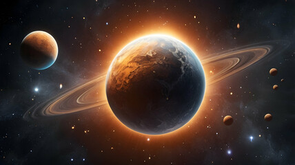 Glowing Planet Ring System Cosmic Scene Celestial Bodies Space Art