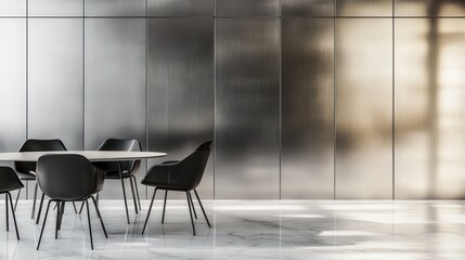 Modern office meeting room, table, chairs, sunlight, metal wall, marble floor, business