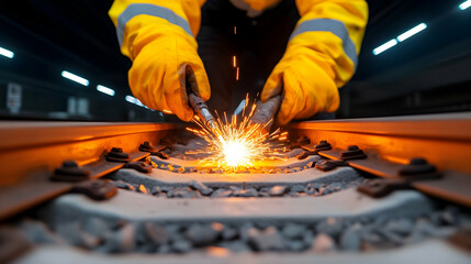 Railroad Worker Welding Tracks at Night Using Thermite
