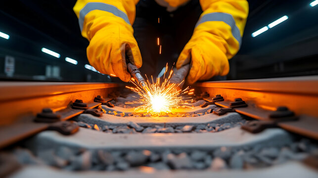 Railroad Worker Welding Tracks at Night Using Thermite